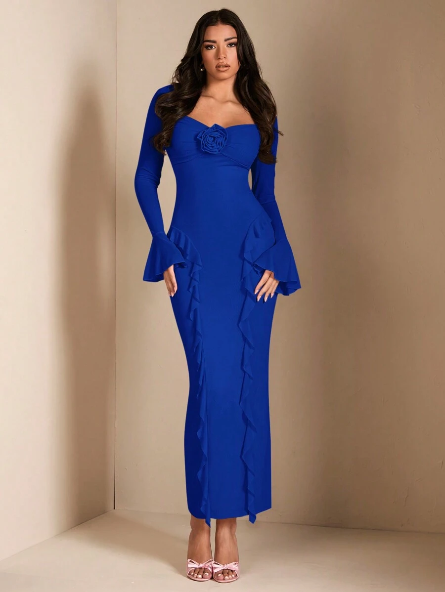 SHEIN BAE Váy dài tay viền bèo nhún họa tiết hoa 3D thanh lịch cho nữ màu hồng, thích hợp cho hẹn hò hàng ngày, tiệc tùng, tụ họp, mùa thu - Xanh đậm - Xem 1