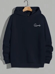 RueChic 男士字母印花休闲连帽长袖运动衫 - 藏蓝色 - 查看 1