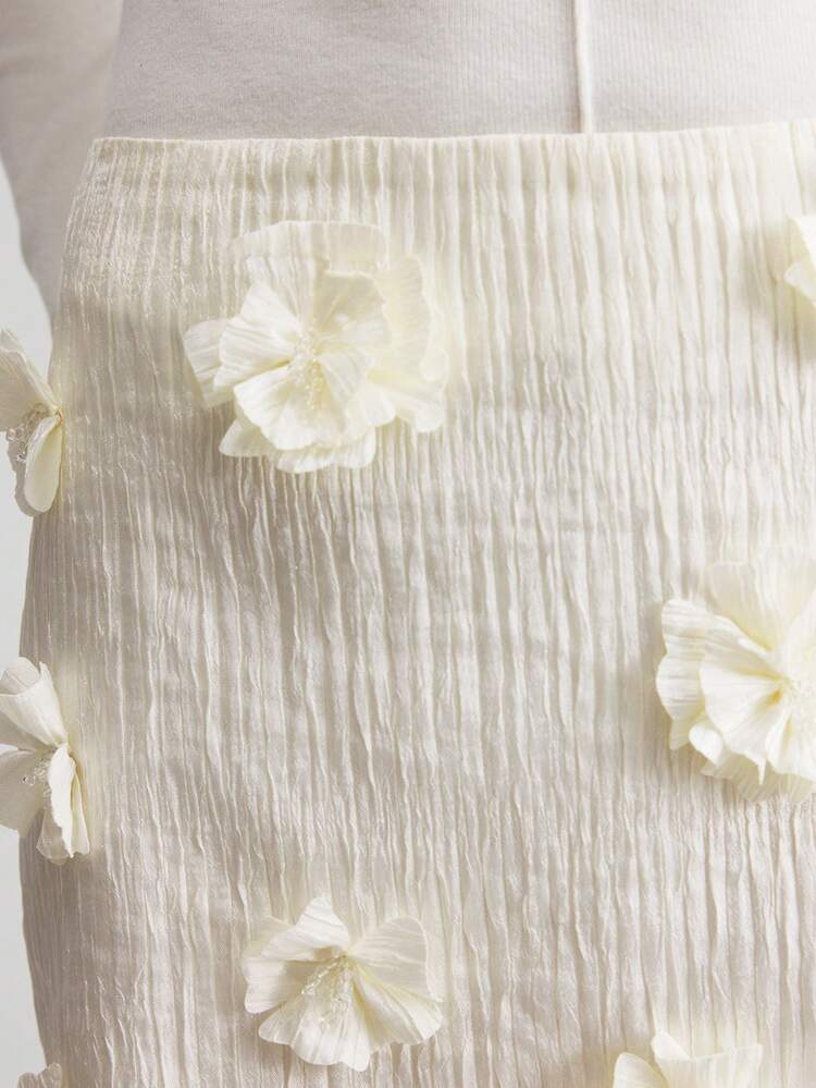 1pc Women Apricot Solid Color Elegant Floral Decor Skirt For Autumn