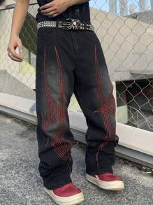 Manfinity EMRG 男士休闲街头潮流低腰刺绣图案宽松阔腿牛仔裤（不含腰带）图案深色牛仔裤长款宽松纯黑色洗水工装牛仔裤，适合丈夫、男朋友的礼物 - 黑色 - 查看 3