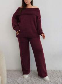 EURMUSE PLUS SIZE OFF SHOULDER SWEATER CO-ORDS - Burgundy - View 1