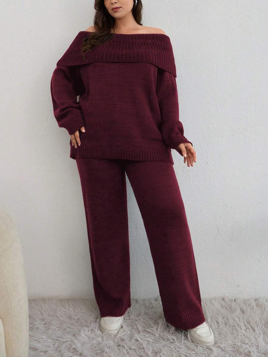 EURMUSE PLUS SIZE OFF SHOULDER SWEATER CO-ORDS - Burgundy - View 1