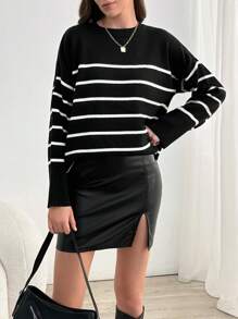 SHEIN Tall كنزة صوفية بنمط مخطط وأكتاف منسدلة، للنساء الطويلات - أبيض وأسود - مشاهدة 5