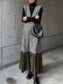 FRIFUL 女式休闲中长连衣裙，撞色褶边，无袖圆领格子