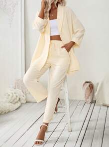 SHEIN Clasi Set de 2 piezas para mujer: Top de manga media color albaricoque con cinturón + Pantalones rectos de cintura elástica