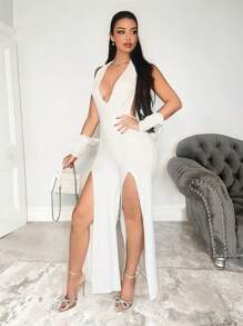 Zolique 1pc Solid Color Halter Slit To Thigh Tight Sexy Jumpsuit With Long Sleeve Fall Cloth For Women - White - View 5