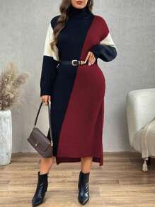 Calvaya 大码纯色拼接高领长袖简约休闲毛衣连衣裙，适合冬季 - 彩色 - 查看 1
