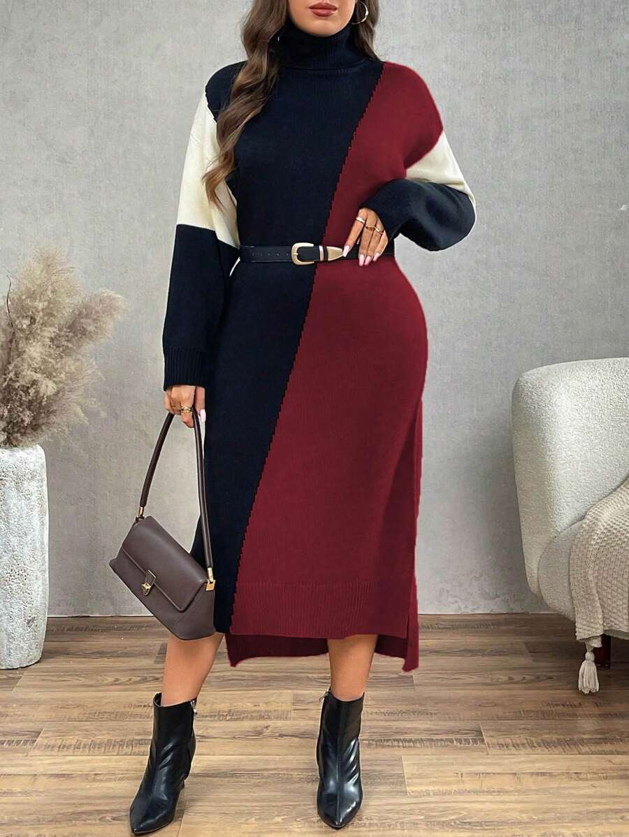 Calvaya 大码纯色拼接高领长袖简约休闲毛衣连衣裙，适合冬季 - 彩色 - 查看 1