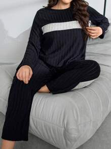 SHEIN 2-teiliges Set in Große Größen, personalisierter Farbspleiß, gebürsteter Fleece Trainingsanzug, Herbst-Winter Kleidung, gemütlicher Outfit, flauschiger Schlafanzug - Schwarz - Übersicht 6