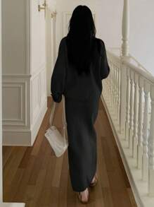 DAZY 2 件套女士休闲纯色毛衣和裙子套装，秋冬 - 黑色 - 查看 3
