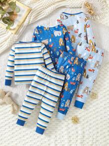 3pcs/Set Boys' Cute Cartoon & Striped Print Snug Fit Long Sleeve T-Shirt And Long Pants Pajamas - Multicolor - View 2