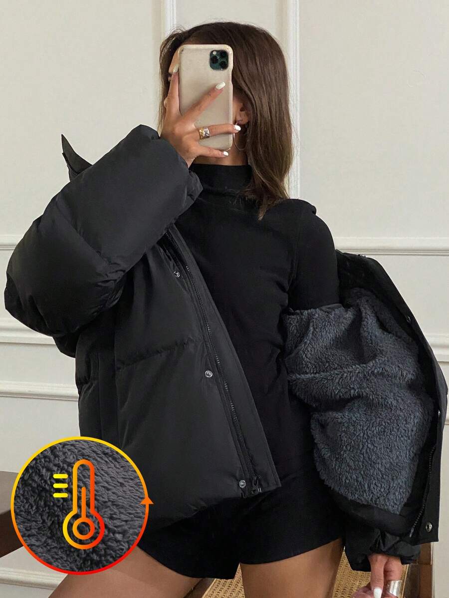 DAZY 女士纯色简约长袖羽绒服，适合日常穿着，冬季女装，女士冬装外套，保暖内衬夹克 - 黑色 - 查看 1