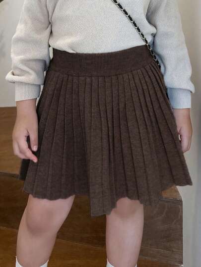 Dazy Kids 1pc Young Girl Casual Fashion Solid Color Pleated Knitted Skirt, Fall