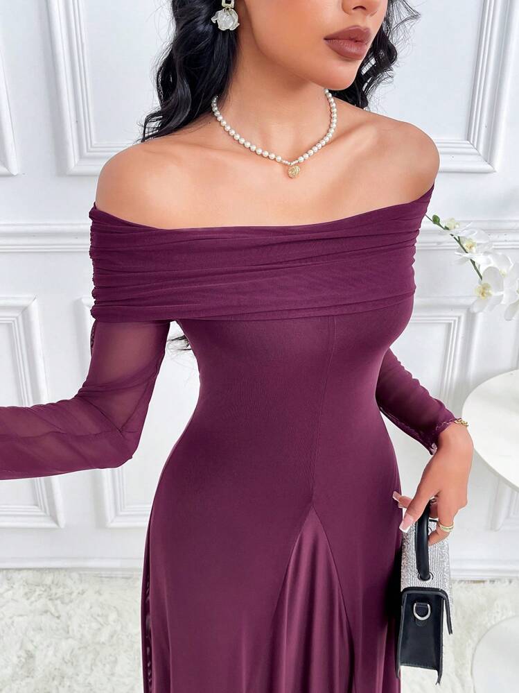off the shoulder evening dress eso Ladivine CD790 Off Shoulder Stretch Spandex Satin Leg Slit Dress, Hunter Green / 10