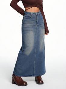 SHEIN ICON 女性休閑長款牛仔裙，適用於海灘度假 - 中等水洗藍 - 查看 4