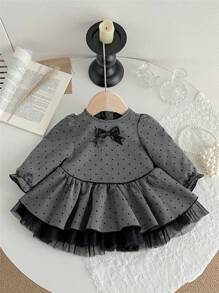 SHEIN 女婴长袖圆领碎花波点公主裙，春秋季女婴灰色连衣裙 - 灰色 - 查看 7
