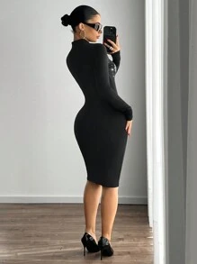 SHEIN ICON Cross Rhinestone Decor Zip-Up Mid-Long Fitted Dress - Black - View 3