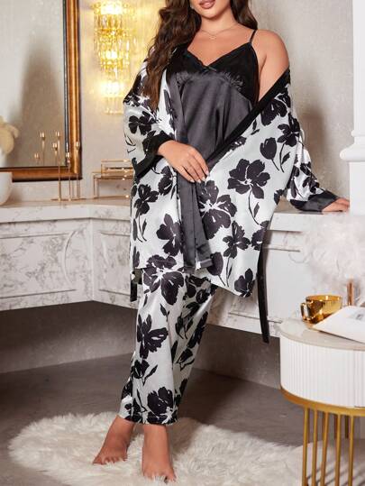 SHEIN MuseNap CURVE 3pcs Set: Plus Size Black & White Print Robe & Sleepwear Set