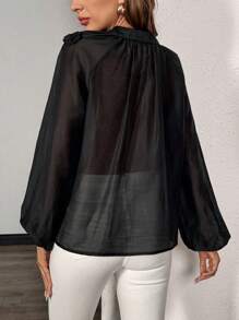 SHEIN Unity 1 pieza Blusa de mujer con corbata de unicolor y decoración de flores 3D - Negro - Ver 2