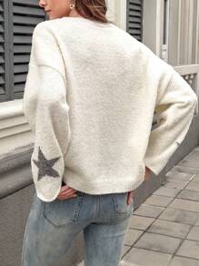 INAWLY 新款复古星形图案宽松针织女式手臂毛衣，休闲时尚
