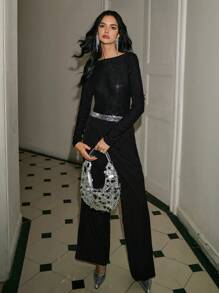 Poéselle 女士优雅通勤直筒裤，亮片拼接 - 黑色 - 查看 2