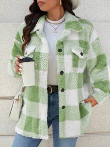 SHEIN LUNE Áo khoác nữ cỡ lớn tay dài kẻ caro có túi, dáng rộng, bồng bềnh, màu xanh lá cây, thích hợp cho mùa thu/đông, giữ ấm mùa lễ hội. - màu xanh lá - Xem 1