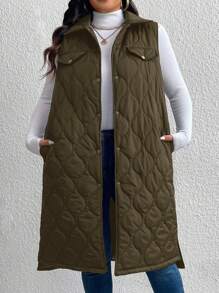 SHEIN LUNE Plus Size Women Single Breasted Long Padded Padded Vest Jacket, Solid Color, For Winter New Years Women Outfit Winter Dresses Winter Clothes Women Rave Outfits Thanksgiving Outfit Women