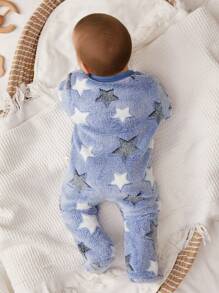 Cozy Pixies Newborn Baby Boy Star Pattern 3D Ear Hooded Long Sleeve Romper And Pants Set, Casual All-Match Thick Warm Outfits For Autumn/Winter - Blue - View 2