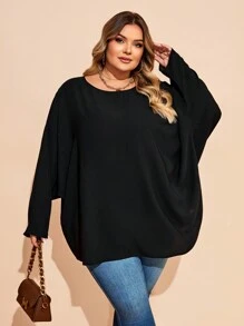 SHEIN CURVE+ Blusa de cuello redondo de unicolor con mangas tipo murciélago anchas para mujer de talla grande, otoño/invierno
