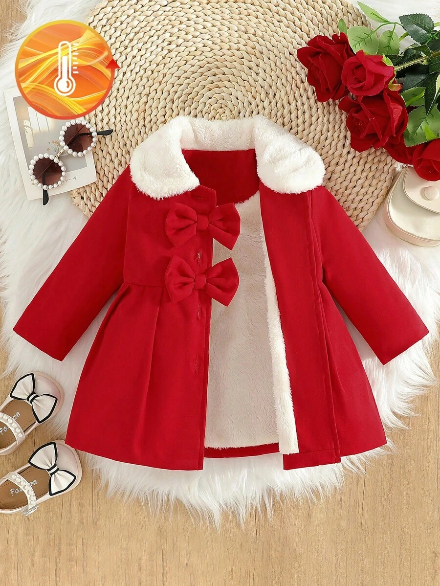 SHEIN Baby Girls' Furry Collar Bowknot Trench Coat, Autumn Winter