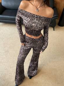 SHEIN EZwear Women's Leopard Print Off Shoulder Long Sleeve Top And Pants 2 Pieces Set - Black - View 3