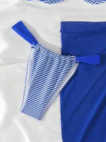 SHEIN Swim Conjunto de 3 piezas de bikini de verano con Top con aros, Bottom y Mini falda a rayas para mujeres - Azul y blanco - Ver 3