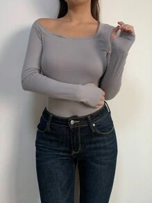 SHEIN BASICS Solid Color Knitted Fitted Long Sleeve Asymmetrical Neck Bodysuit For Women, Cozy Chic, Daily Commute