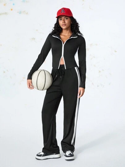 Casual Women Zip Closure Contrast Color Jacket And Pants Suit Set