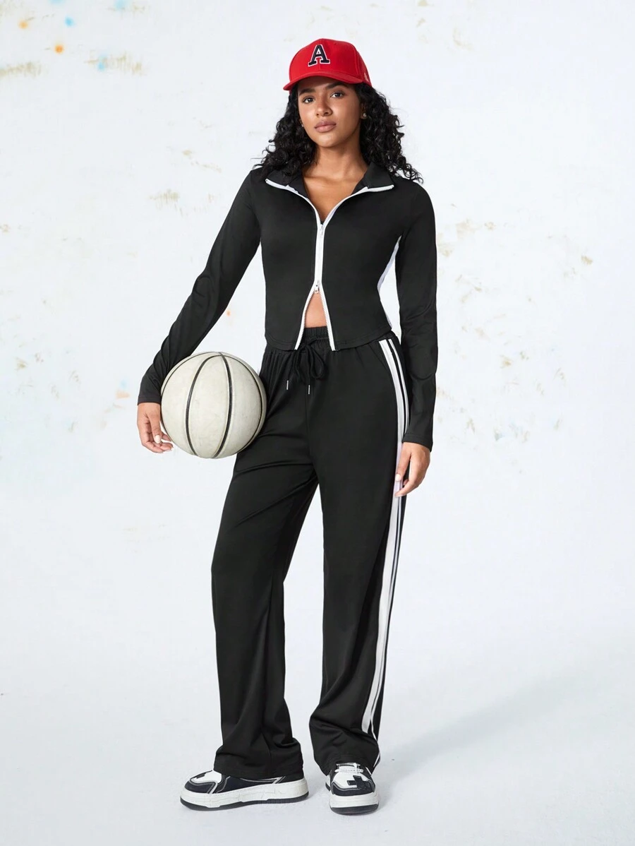 SHEIN Casual Women Zip Closure Contrast Color Jacket And Pants Suit Set - Black - View 1