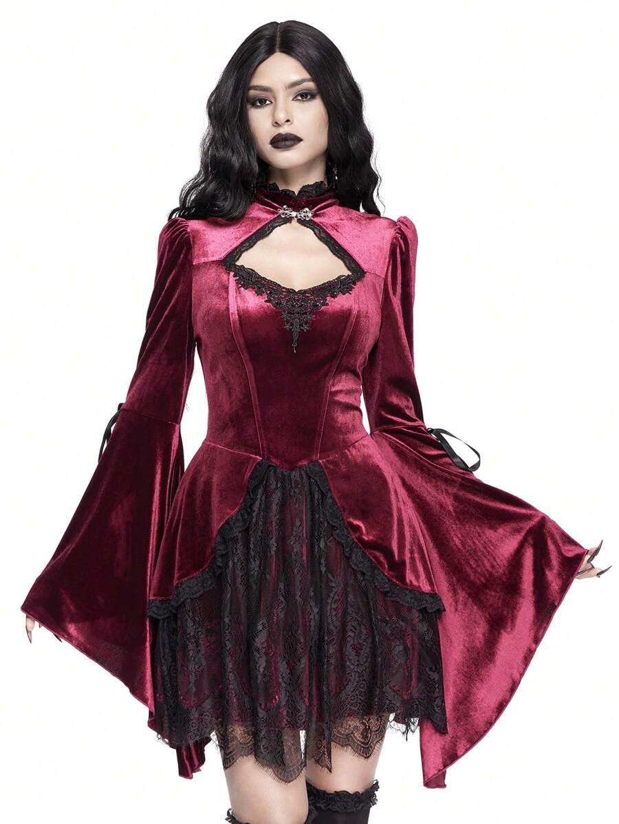 ROMWE Goth 哥特式宫廷风格迷人撞色蕾丝喇叭袖低胸多层蛋糕女式迷你连衣裙适合派对 - 紅色 - 查看 1