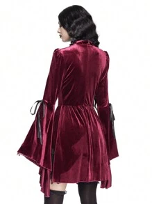 ROMWE Goth 哥特式宫廷风格迷人撞色蕾丝喇叭袖低胸多层蛋糕女式迷你连衣裙适合派对 - 紅色 - 查看 5