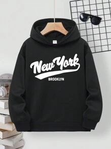 SHEIN 男童休闲简约经典酷炫“纽约布鲁克林”图案印花宽松加厚卫衣，适合秋冬季穿着 - 黑色 - 查看 3