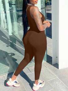 EARO 女士新款时尚连体裤，休闲拼接，无袖，高弹力，修身显瘦，高腰运动裤，夏季百搭 - 棕色 - 查看 2