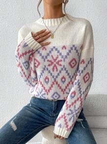 Chiquease Women Winter Cute Geo Pattern Crew Neck Long Sleeve Casual Sweater - Apricot - View 9