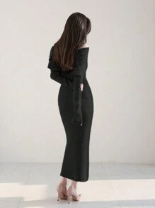 DAZY Vestido de punto ajustado de hombros caídos para mujer, color negro, apto para primavera/verano/otoño