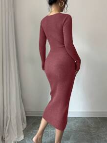 Váy len dài tay thanh lịch cổ chữ V ôm sát eo dành cho nữ, mùa thu - Gỗ đỏ - Xem 2