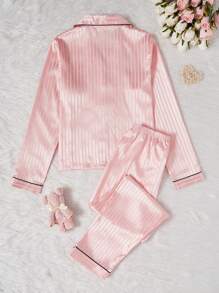 2pcs/Set Teen Girl Pajamas, Pink With Simple Stripe Pattern And Heart Print In Soft Fabric, Long Pants And Long Sleeve Top