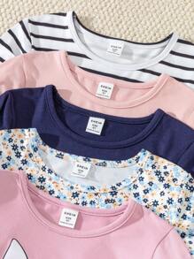 SHEIN Genkimix Kids 5pcs/Set Young Girl Cute Cartoon Rabbit Striped & Floral Multi-Piece Long Sleeve T-Shirts, School, Campus, College