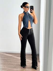 SHEIN ICON Y2K Ruched Zip Up Long Skinny Sexy Pants