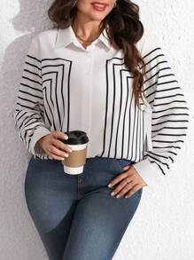 SHEIN LUNE Plus Size Women Woven Geometric Print Christmas Casual Shoes Earrings And Regular Spring/Autumn Long Sleeve Shirt - Cream - View 1