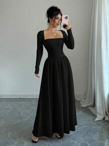 Selianne 女士二合一圆领长袖收腰 A 字下摆连衣裙长款女装 - 黑色 - 查看 1