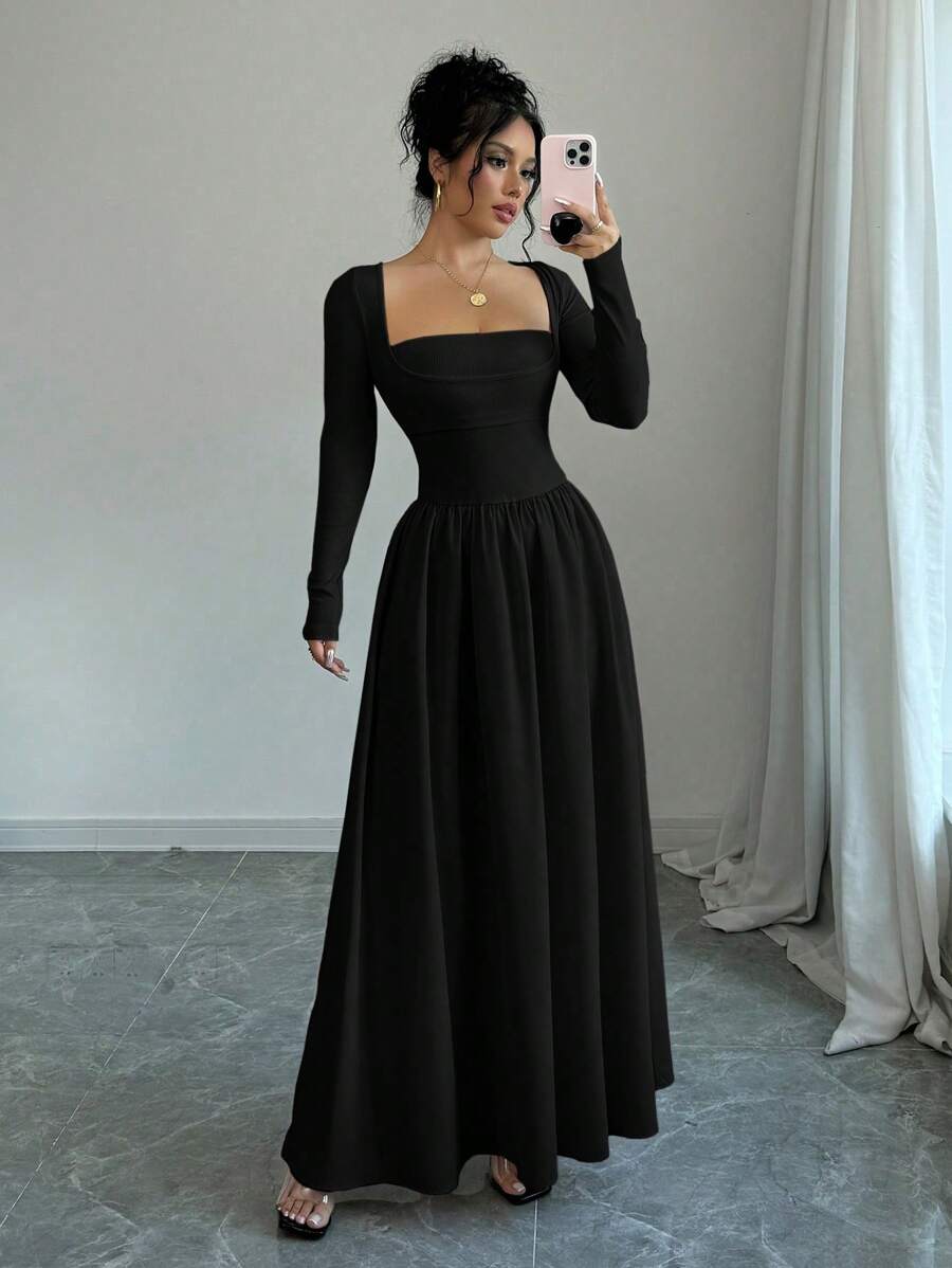 Selianne 女士二合一圆领长袖收腰 A 字下摆连衣裙长款女装 - 黑色 - 查看 1