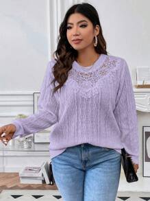 Vionelle Plus Size Solid Color Lace Patchwork Sweater, Casual Autumn/Winter Knit Pullover Fall - Purple - View 4