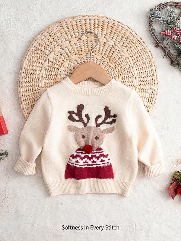 Cozy Pixies Baby Boy Cartoon Reindeer Pattern Crew Neck Long Sleeve Sweater, For Christmas,In Fall/Winter